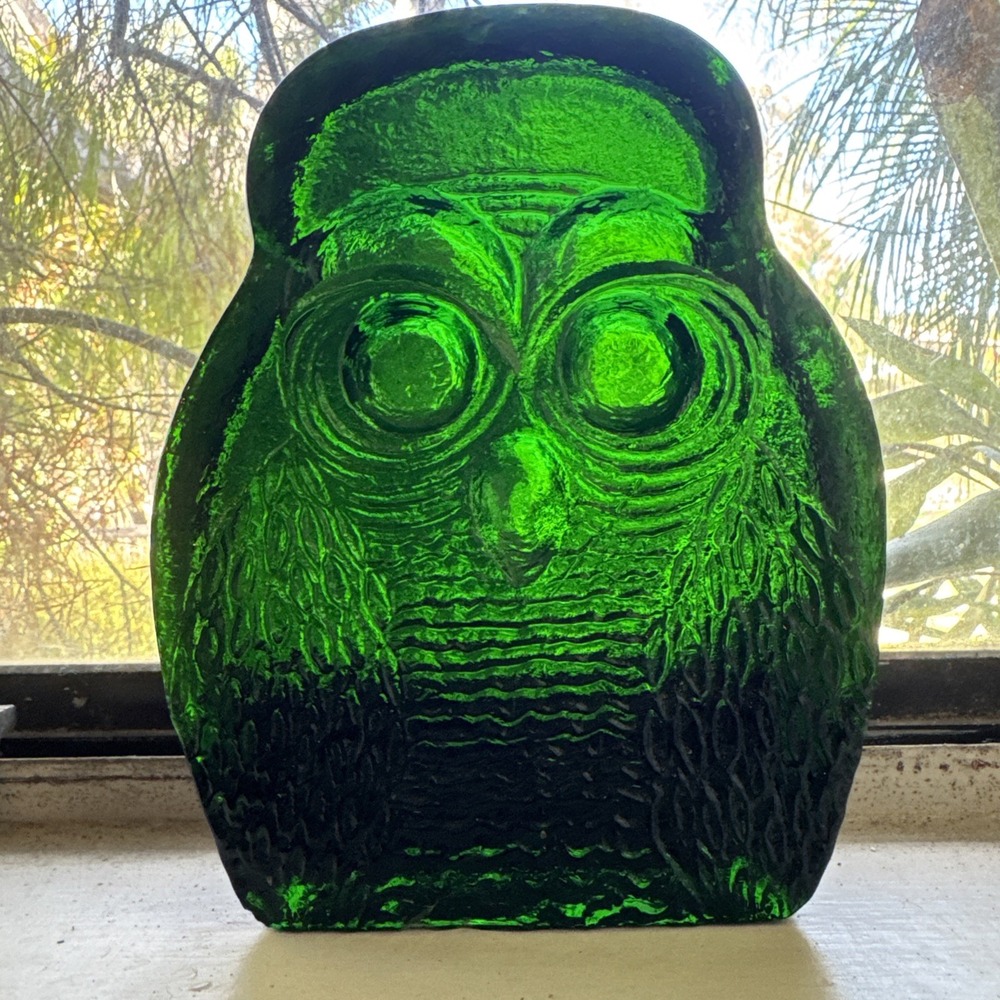 Vtg Blenko Art Glass Owl Bookend Single Joel Myers Design Green AS IS w FLAWS